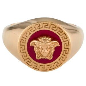 Versace Red Enamel & Gold Color Metal Embellished Medusa Head Ring Italy Sz 19